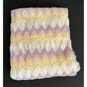Vintage All Mine Baby Blanket Pastel Chevron Crotchet Trim Japan 35" x 35"